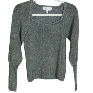 Dear John Metallic Ribbed Knit Sweater Top Women’s Small Silver Sparkle Pullover